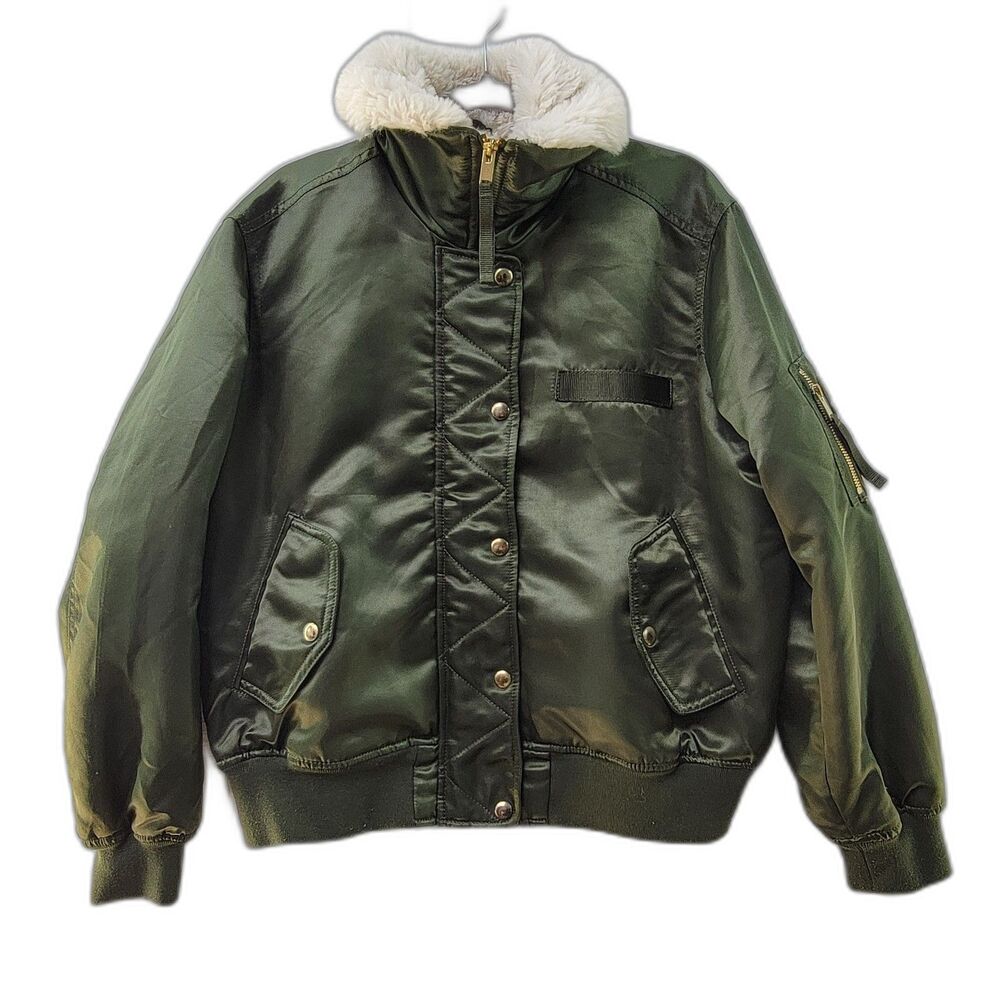 Gap Army Green Satin Bomber Jacket Faux Fur Collar Long Sleeves Front Pockets M